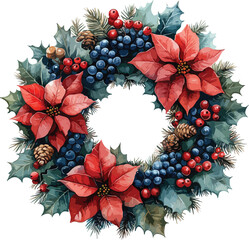 Christmas wreath vector illustration featuring holly berries and poinsettia for holiday card decoration design