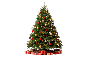 Obraz premium Decorated Christmas tree with lights and gifts isolated on a transparent background. Festive holiday symbol with ornaments and presents.