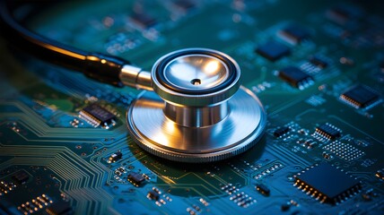 Stethoscope resting on a green circuit board, symbolizing tech diagnosis