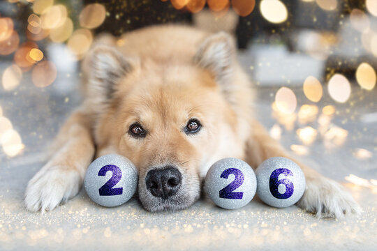 Silvester & Neujahr 2026 mit Hundenase und Kugeln	