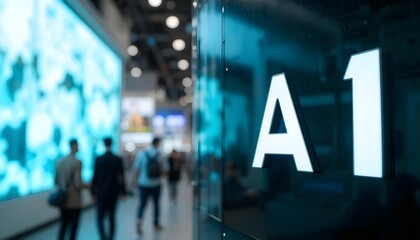 Fototapeta premium Modern illuminated signage A1 guides busy professionals through vibrant convention hall corridor at night