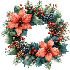 Christmas wreath with green holly leaves and red berries for holiday season decoration