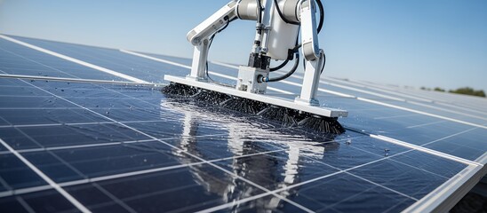 Robotic Arm Cleaning Solar Panels with Water, Harnessing Renewable Energy Efficiency