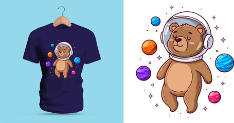 Cute Space Bear Vector Illustration Floating Among Colorful Planets – Adorable Cartoon Astronaut Character Perfect for Kids’ T-Shirt Designs, Fantasy-Themed Apparel, Playful Space Merchandise