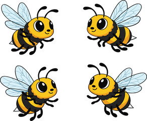 Set of four adorable flying cartoon bumblebees with happy smiling faces, perfect vector illustration for children's designs, nature, and summer themes.