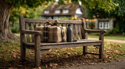 Park bench scene with gift-wrapped shopping bags, mobile phone, and a reusable water bottle placed thoughtfully.