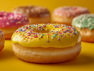 Assortment of vibrant iced doughnuts with colorful sprinkles on a bright yellow background highlighting a close-up on a yellow frosting doughnut in the foreground
