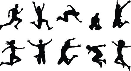 Jumping and motion silhouette, expressive human pose vector, active lifestyle icon, cad drawing flat vector illustration