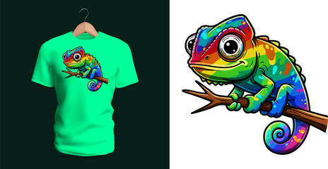 Vibrant Rainbow Chameleon Vector Illustration on Branch – Colorful Reptile Artwork with Bright Gradient Scales, Perfect for Trendy T-Shirt Designs, Nature-Themed Apparel, Wildlife Graphics