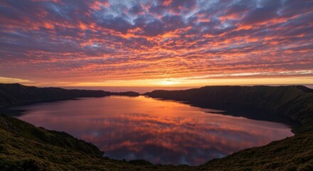 Fototapeta premium Volcanic caldera lake at sunrise, vibrant colors reflected in still water