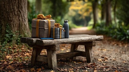 Park bench scene with gift-wrapped shopping bags, mobile phone, and a reusable water bottle placed thoughtfully.