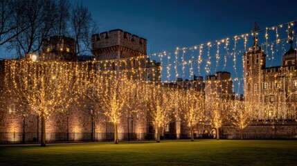 Golden Night at the Historic Fortress: A majestic castle, illuminated by a network of warm, glowing lights, stands proudly under the evening sky, exuding a sense of grandeur and history. 