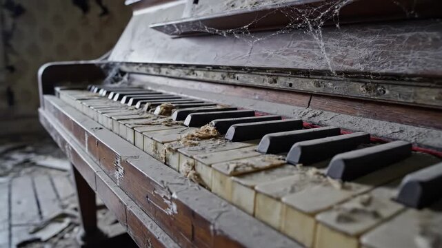 Decayed upright piano, keys covered in debris and dust, set in abandoned space