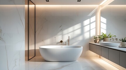 A professional photo of a modern bathroom design featuring a sleek freestanding bathtub with curved lines, a large vanity mirror with a minimalist metal frame, polished marble tiles.