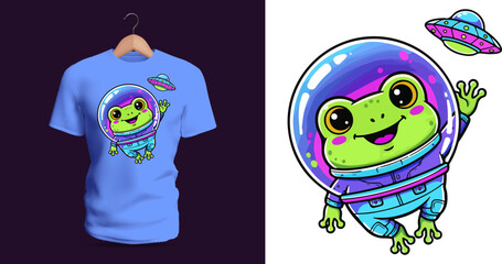 Cute Astronaut Frog Vector Illustration Waving Inside Colorful Space Helmet – Fun Sci-Fi Cartoon Character Perfect for Youth T-Shirt Prints, Cosmic Adventure Apparel, Kids’ Space Designs, and Playful
