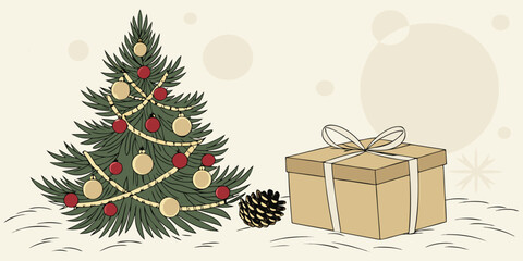 Christmas and New Year greeting card vector featuring red handwritten text, Christmas tree, and gift box against blurred bokeh light background.