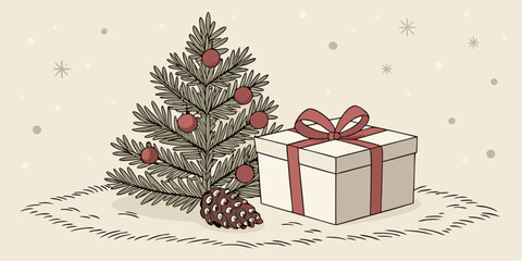 Handwritten red Merry Christmas and Happy New Year with festive Xmas tree and gift box on blurred holiday bokeh background, greeting card vector.