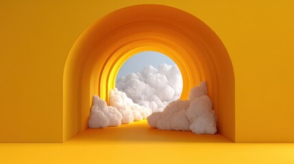 An archway formed with concentric shapes in yellow leads to fluffy white clouds. The scene is bright and creates a sense of openness. The design highlights color and shape.