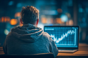 Man in casual hoodie analyzing financial data and market trends on a laptop screen during nighttime in a modern office environment