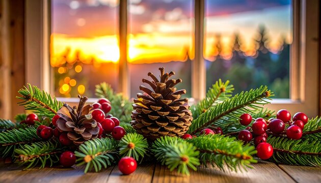 Cozy Winter Window Sill Decor with Pine Cones and Berries at Sunset - Powered by Adobe