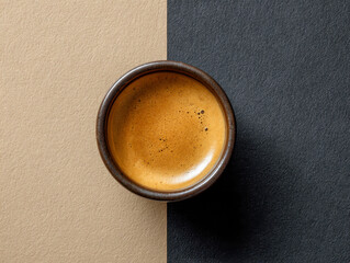 A cup of freshly brewed espresso coffee centered on a textured two-tone background divided between beige and black surfaces for contrast and style