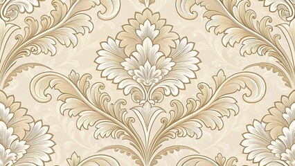 Elegant damask wallpaper pattern with intricate gold scrollwork on a textured beige background