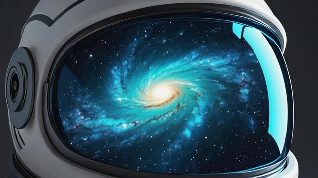 Astronaut helmet visor reflecting spiral galaxy in deep space