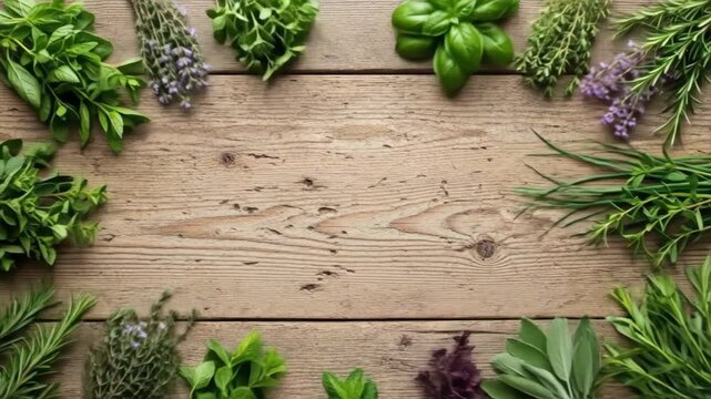 Fresh herbs arranged on rustic wooden surface in seamless transformation