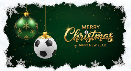 Naklejka premium Merry Christmas Soccer Ornament – Golden Green Football Bauble Holiday & Happy New Year Card