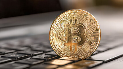 Shiny golden cryptocurrency coin standing on a laptop keyboard symbolizing digital currency and blockchain technology in modern finance and investment concepts