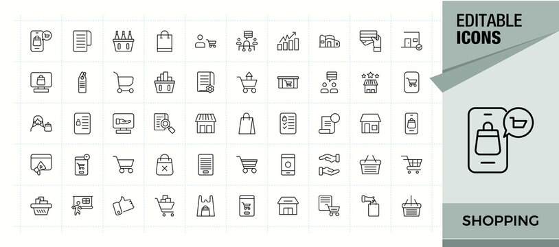 Set of Shopping line icon. Contains outline symbols like discount, retail, pay, e-commerce, shopping bag and more. Modern icons collection. Sell line icon set. Vector illustration.