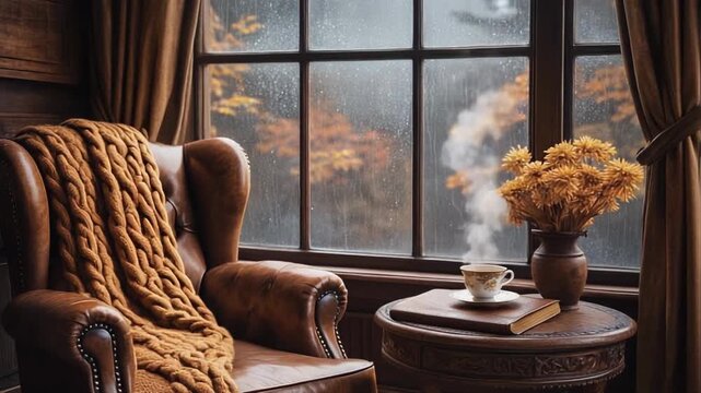 Cozy reading corner with coffee cup and autumn window view