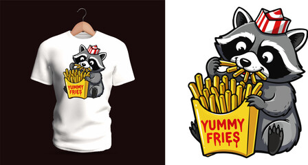Cute vector illustration of a raccoon holding a large box of golden crispy french fries labeled “Yummy Fries,” drawn with expressive big eyes, soft gray fur, striped tail, and joyful posture