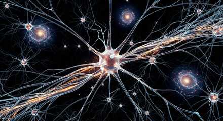 Conceptual illustration of neurons and galaxies, representing interconnected systems