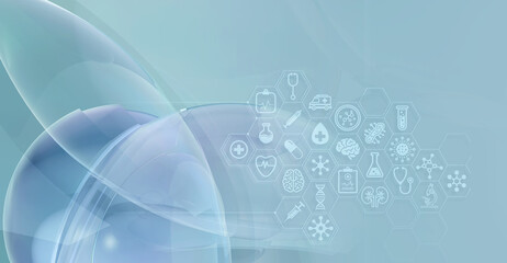 Obraz premium Abstract medical technology background: translucent liquid glass-like 3D spheres and hexagonal icons representing healthcare, research, diagnostics, biotech. Clean composition for medical science