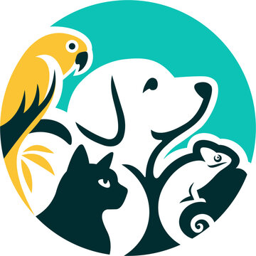 Circle logo design of dog, cat, bird and camelot, blue, yellow color with light blue background