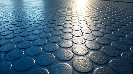 Abstract textured blue surface with repeating circular patterns and bright sunlight creating a reflective path