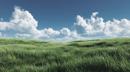 Obraz premium A field of green grass stretches across the landscape under a blue sky with white clouds. This scene captures an open space during the day free of any buildings or people.
