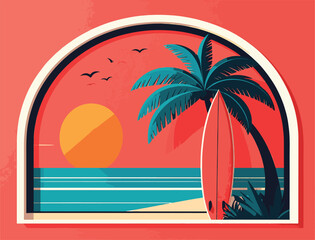 Fototapeta premium Vibrant retro sunset beach scene with a solitary surfboard resting beneath a majestic swaying palm tree, perfect for idyllic summer vacation vibes and tropical escapes