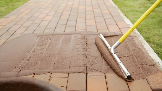 Construction worker spreading mortar over bricks for pathway paving