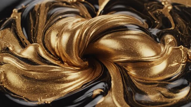 Extremely slow motion close up of thick black fluid merging dynamically with shimmering gold metallic liquid creating abstract patterns background, patterns, liquid