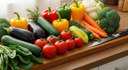 A vibrant assortment of fresh, colorful vegetables artfully arranged on a wooden cutting board, ready for healthy cooking and meal preparation