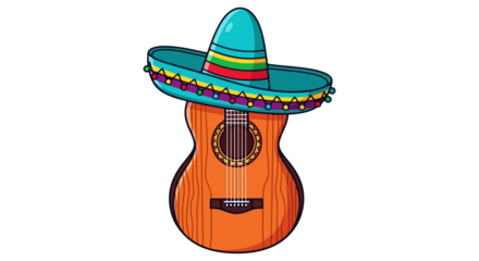 Traditional acoustic guitar adorned with a colorful sombrero, evoking Mexican culture and music