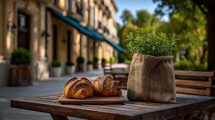 Outdoor caf?(C) setting with bags beside a table with a fresh pastry box, elegant storefronts visible across the street.