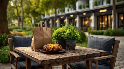 Outdoor caf?(C) setting with bags beside a table with a fresh pastry box, elegant storefronts visible across the street.