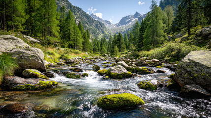 Serene mountain landscape featuring a clear flowing river with moss-covered rocks surrounded by lush green pine trees under a bright blue sky