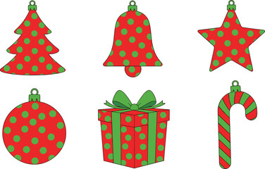 Obraz premium Set of Christmas ornaments and gift box with red and green polka-dot patterns, perfect for festive decorations, crafts, printables, holiday designs, and clipart.