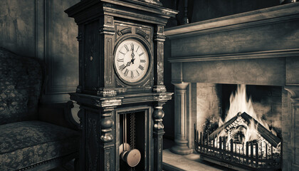 Vintage Grandfather Clock Ticking Beside Cozy Fireplace in Monochrome Interior