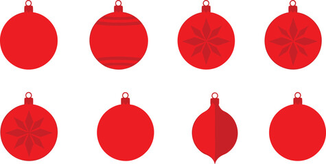 Collection of red Christmas ornaments in various shapes and minimal designs, perfect for holiday decorations, greeting cards, packaging, festive graphics, and seasonal artwork. © Mahofuza Creative