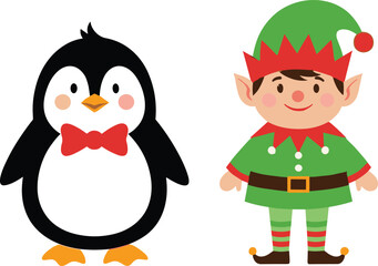 Cute Christmas penguin with bow tie and cheerful holiday elf character, festive cartoon illustration perfect for greeting cards, stickers, decorations, and seasonal designs.